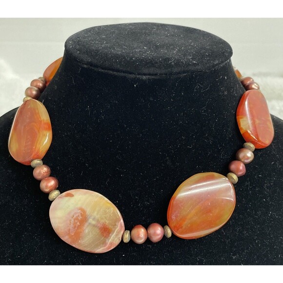 Ancient Himalayan Regions Old Carnelian Agate Beads Necklace  Himalayan Regions Old Carnelian Agate Beads Necklace Copper Brass 16”